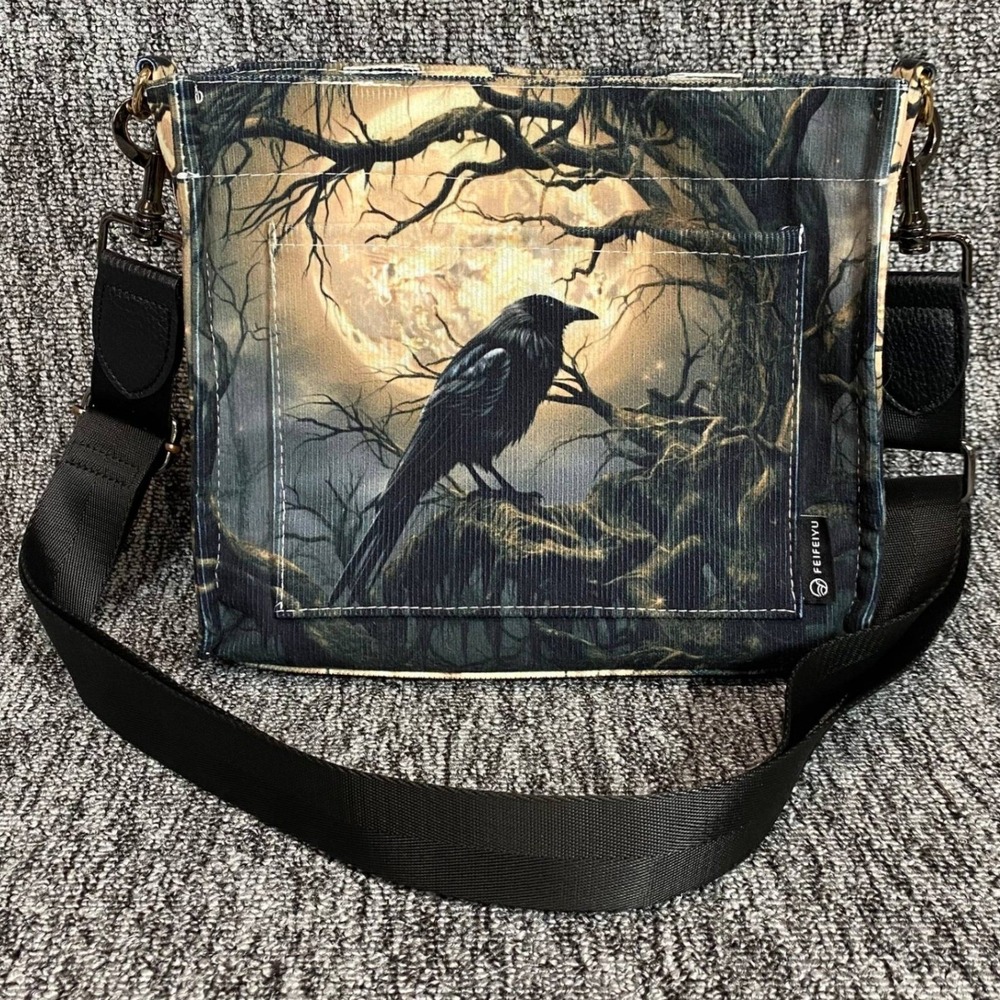 Gothic Raven Crossbody Bag Full Moon Crow Spooky Witchy Corduroy Shoulder Feif